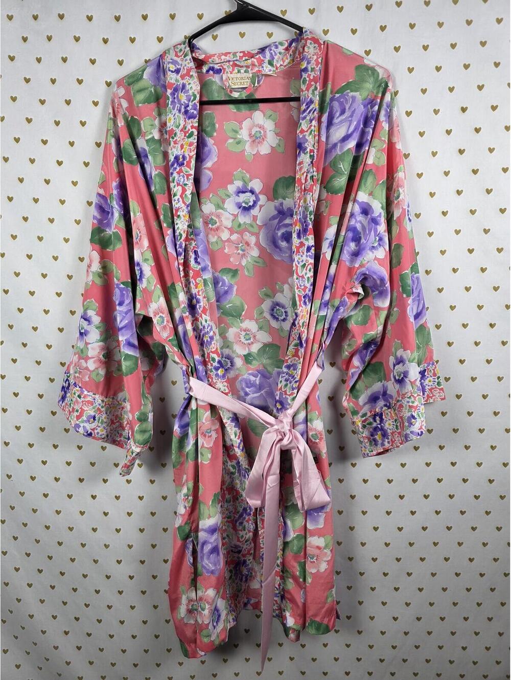Victorias Secret Satin Silky Robe Vintage GOLD LABEL Floral Kimono Wrap ONE SIZE